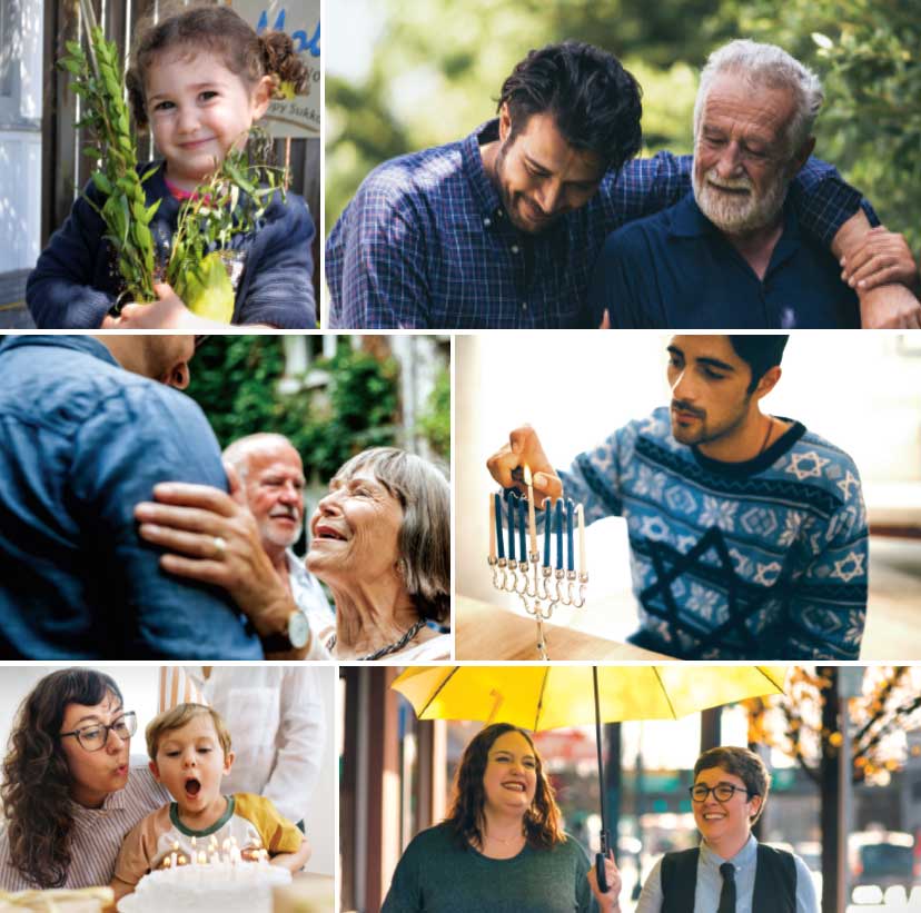 A collage of six photos featuring various Jewish people enjoying life at all ages.