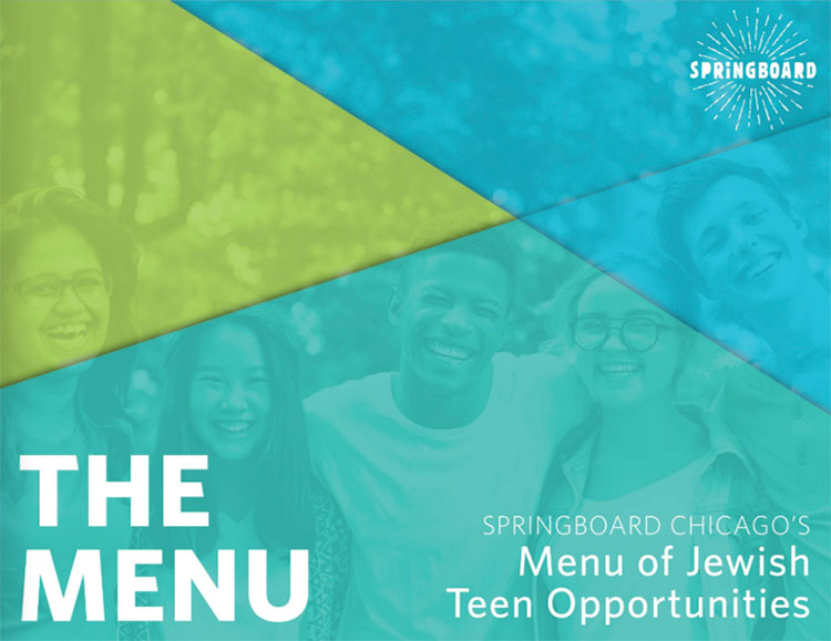 A blue and green mosaic reading "The Menu" from Springboard's teen opportunities.