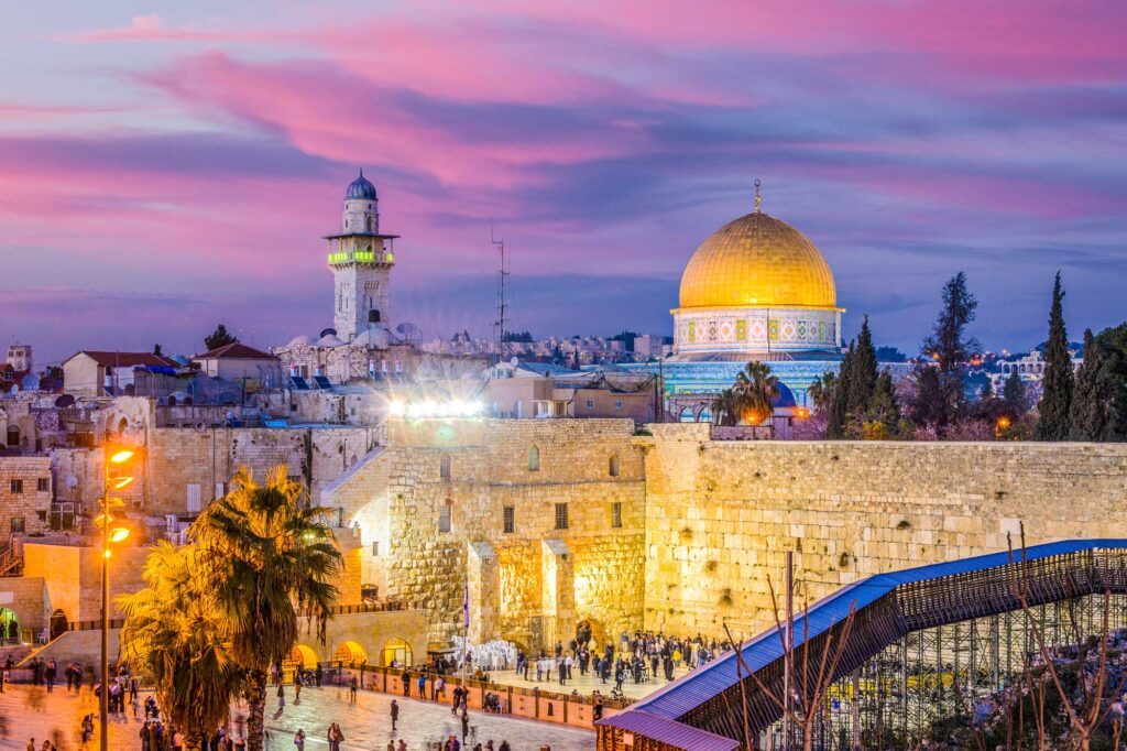 Skyline of Jerusalem overlooking the Western Wall and dome of the rock.