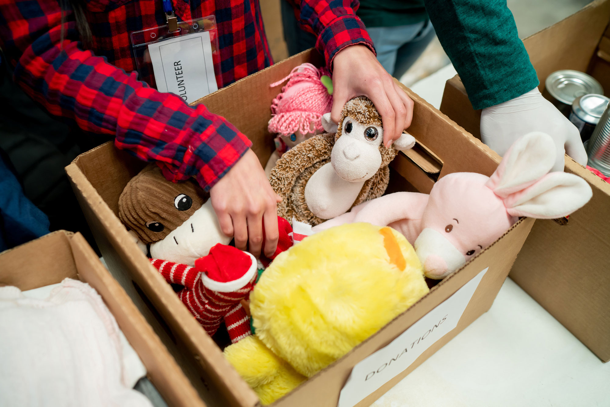 A donations cardboard box filled with stuffed animals.