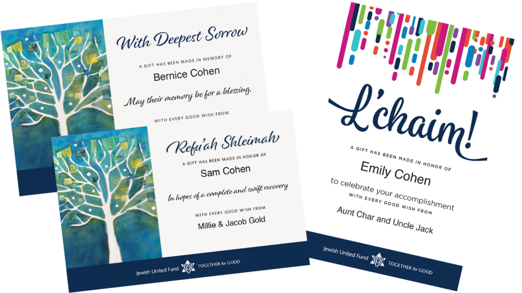 Graphic of two tribute cards reading "L'Chaim"