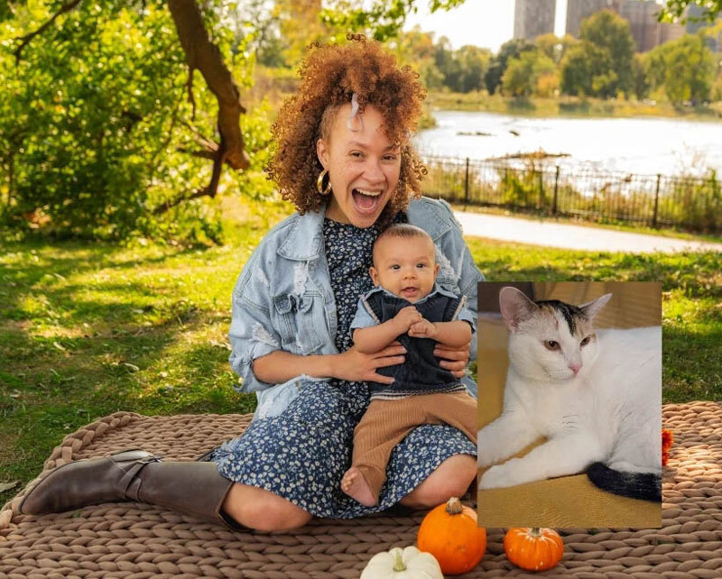 Zahava Harris sitting on a picnic blanket with her baby and cat photoshopped into the photo.