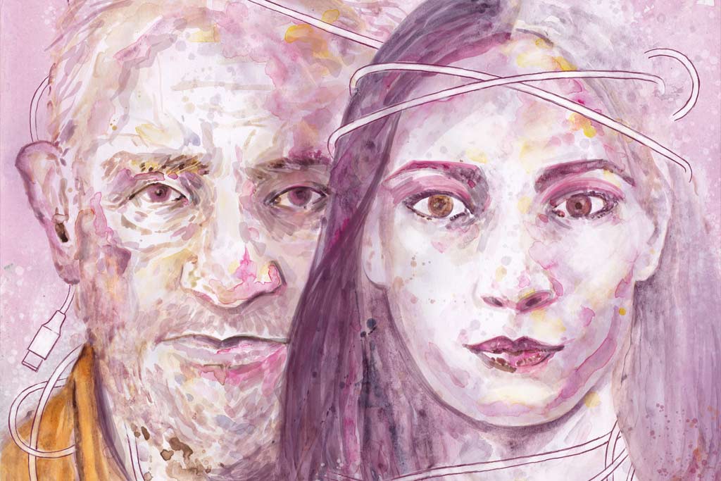 Close up drawing of a man and a woman's faces entangled in a wire of a phone charger.