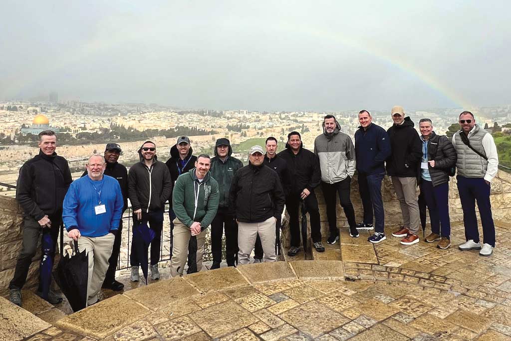 A rainbow frames the group&rsquo;s briefing about Jerusalem and the Old City atop the Mount of Olives.