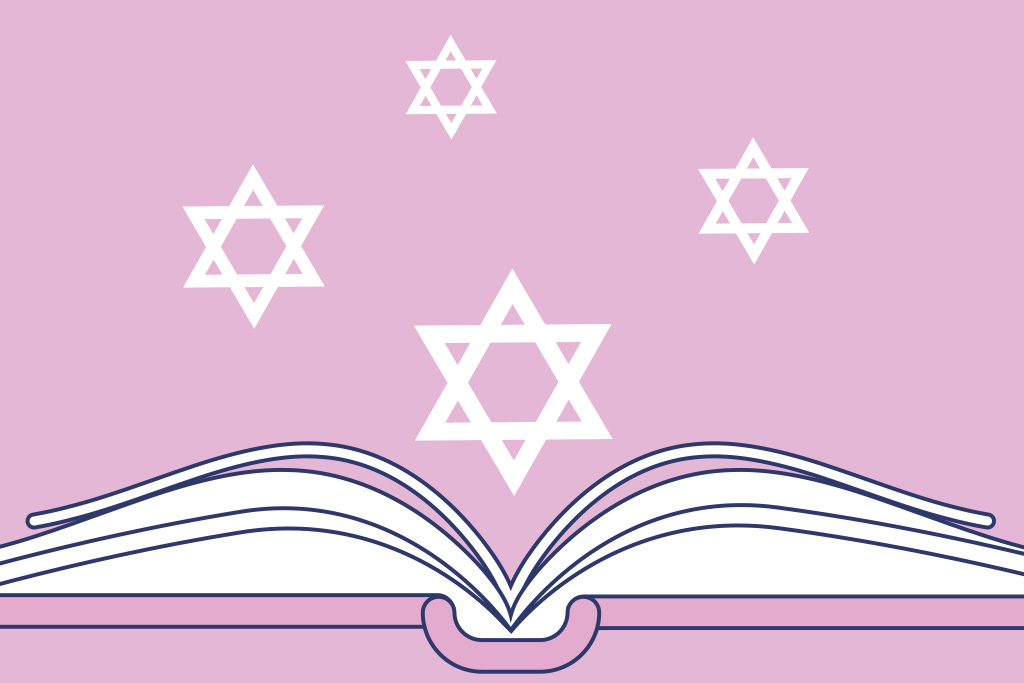 Animated image with a pink background, a book open with four Jewish stars above it.