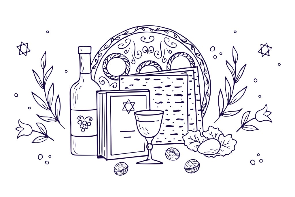 Drawn animated graphic of a seder plate, Haggadah, kiddish cup, matzah, egg and Jewish stars.