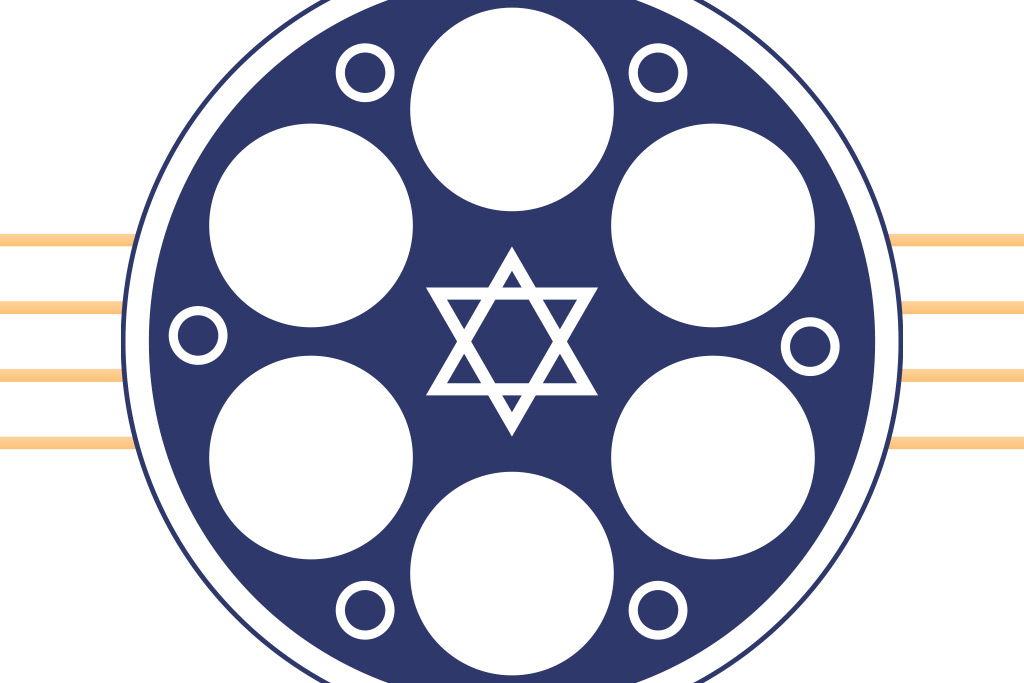 Blue and white graphic of a seder plate with a Jewish star in the middle