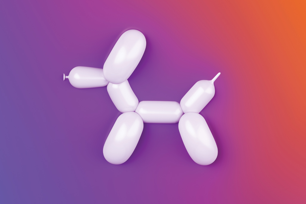 Purple and orange gradient background with a white balloon animal dog over it.