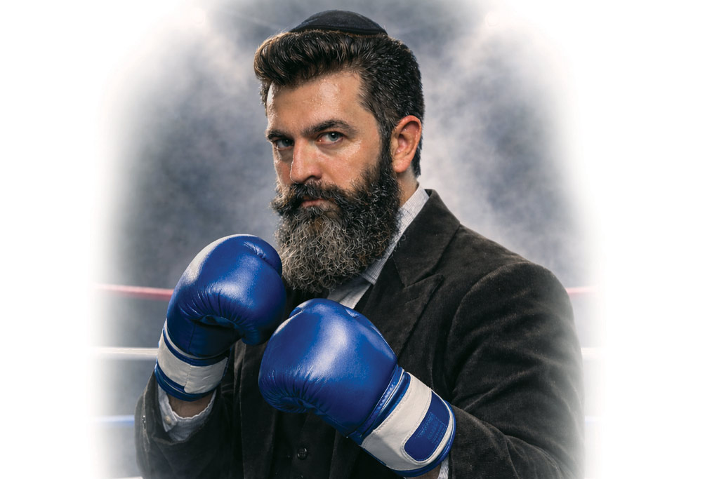 An illustration of Rav Ezra Balser created by his wife, Laura Elkayam, from a real photograph and styled to evoke Theodor Herzl. The blue‑and‑white gloves are a nod to Israel. (Photo courtesy of Laura Elkayam)