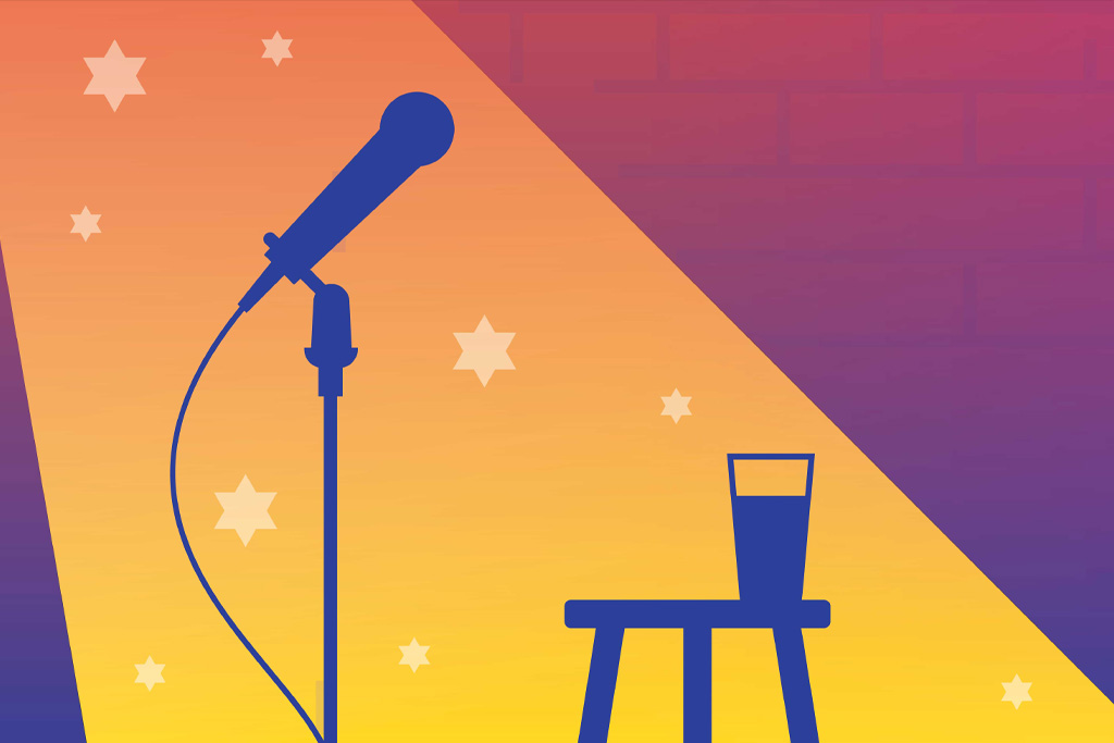 A graphic of a microphone and a stool with a cup of water