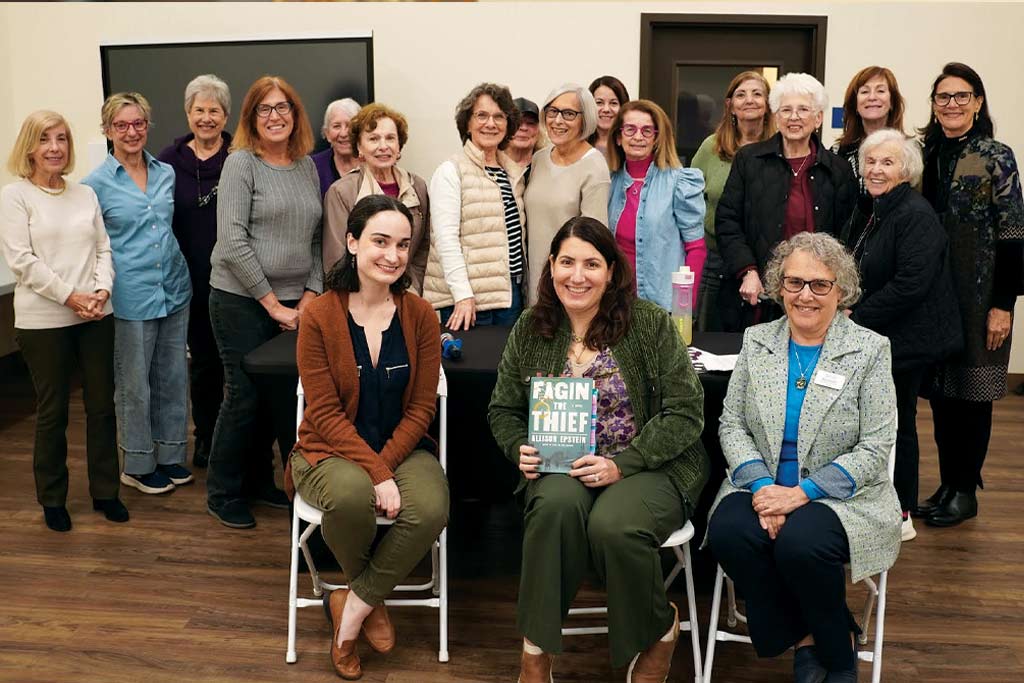 A photo of Members of North Suburban Synagogue Beth El&rsquo;s Sisterhood Torah Fund Book Club with author Allison Epstein (front left) and Rachel Kamin (front center).